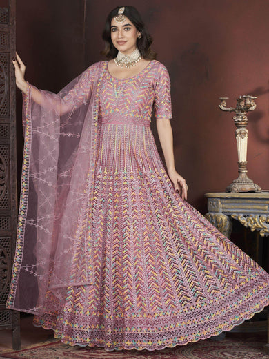 Glamorous Peach Embroidered Net Bridesmaid Gown With Dupatta